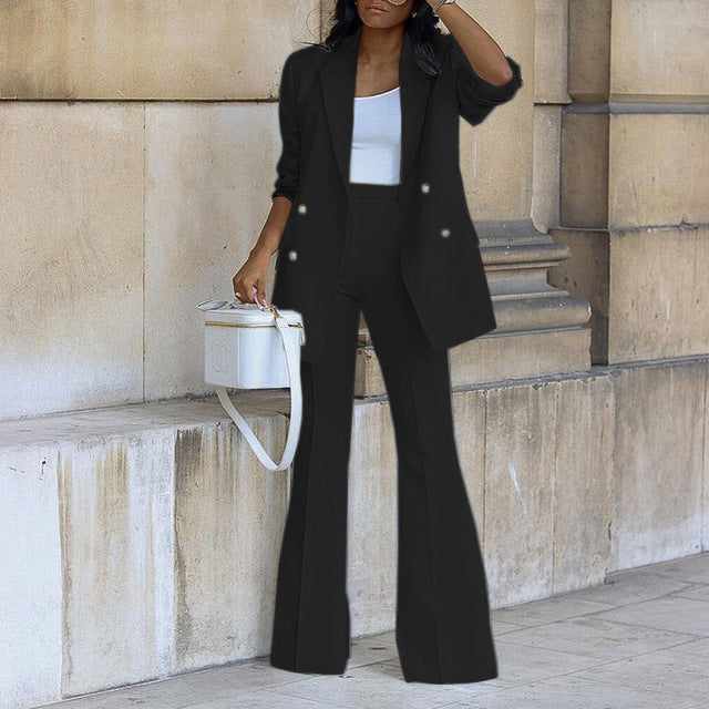 Chic women's blazer set with tailored trousers. A sleek two-piece ensemble for business attire and formal occasions.