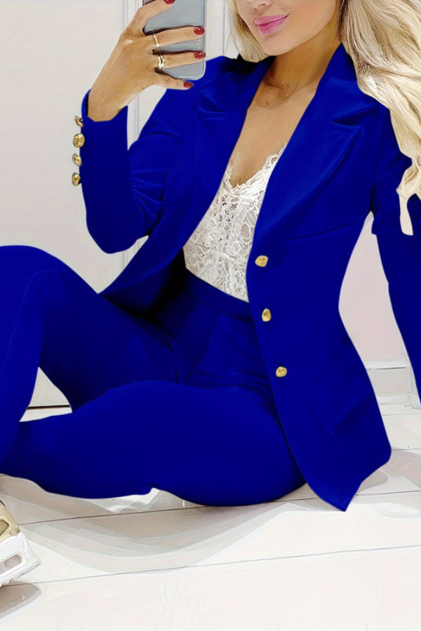 Women's polished business suit: modern blazer and sophisticated straight-leg pants.