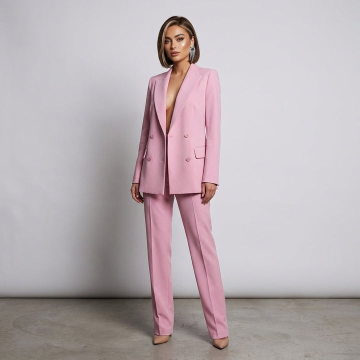 Elegant women's two-piece blazer & trouser set for professional attire. Perfect tailored suit for office wear.