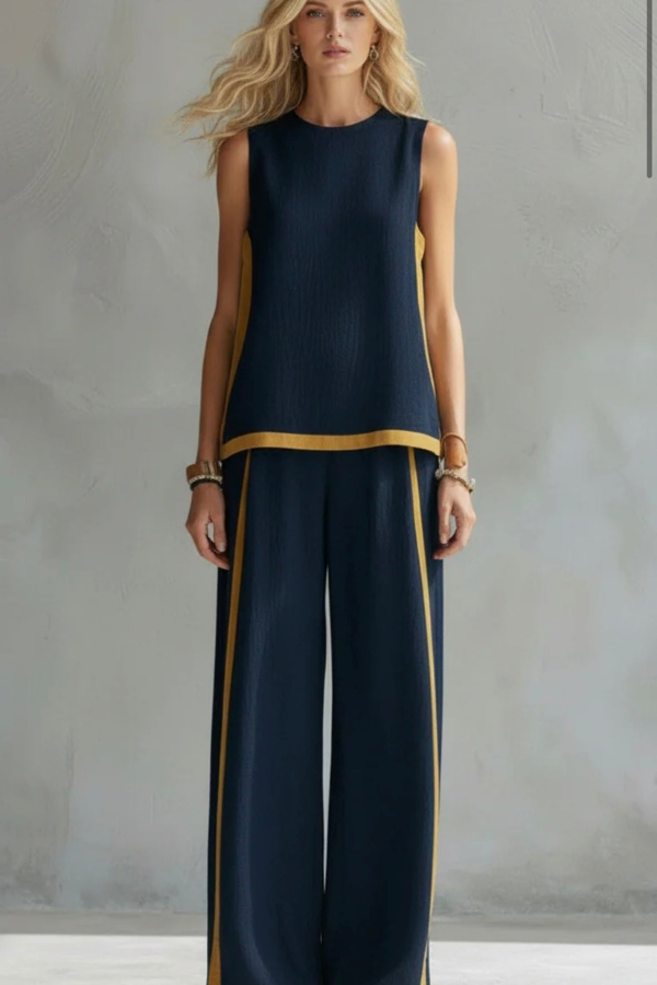 Woman wearing stylish two-piece co-ord set, ideal for dressy casual events or sophisticated summer fashion.
