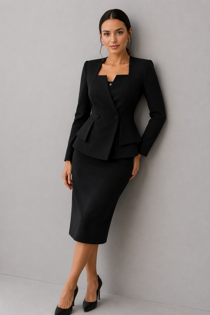 Stylish ladies suit with square neckline jacket & matching skirt, ideal for formal wear & special occasions.