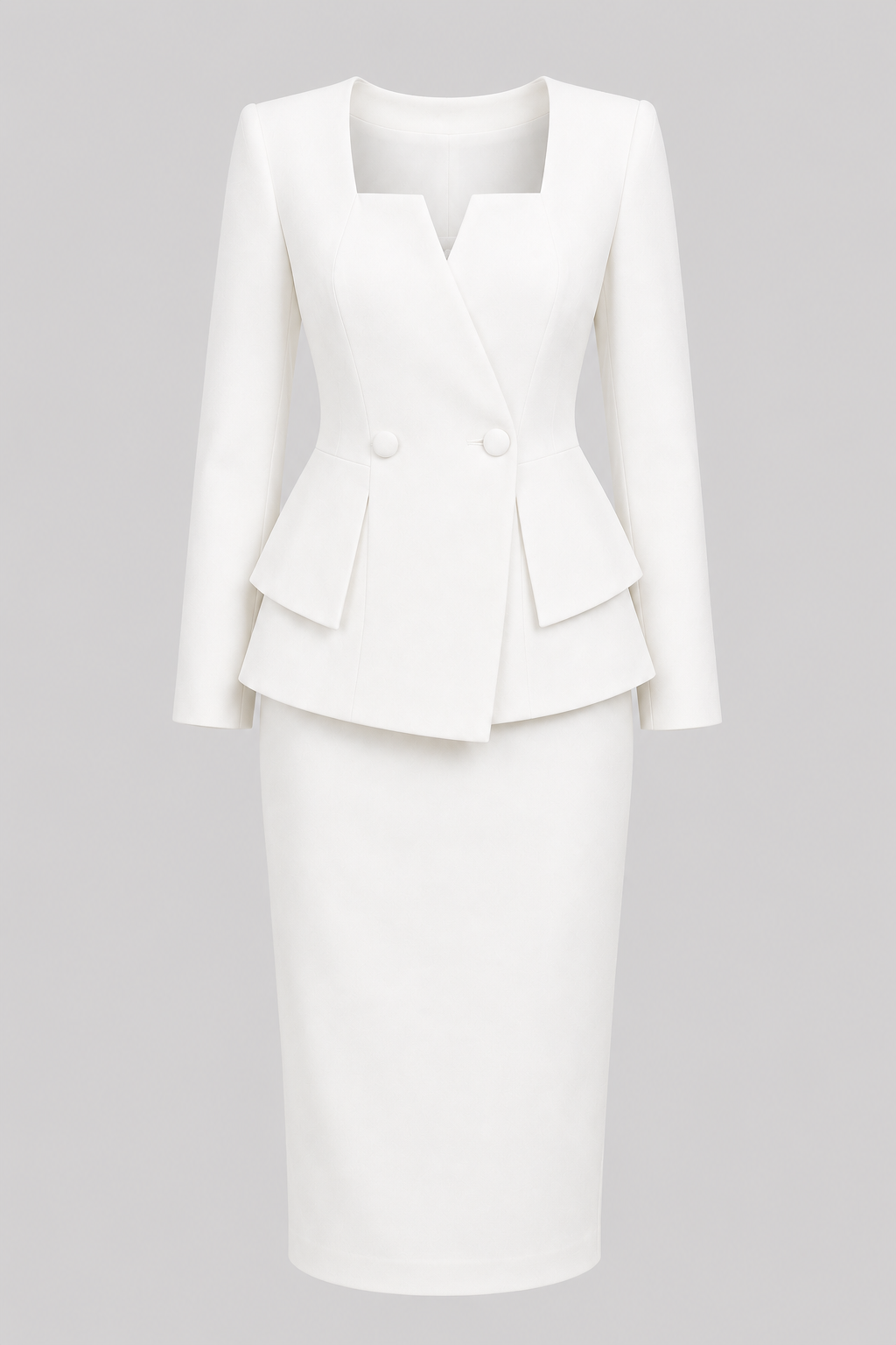Tailored women's suit set, featuring a sophisticated jacket & skirt with a chic square neckline. Business fashion.