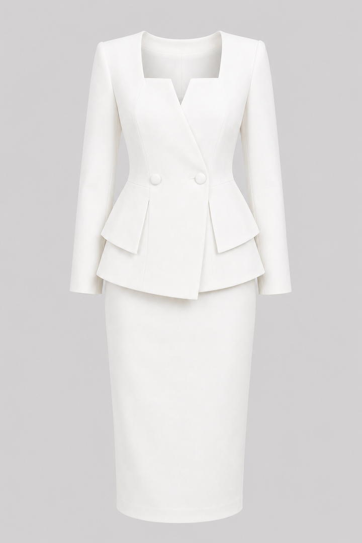 Tailored women's suit set, featuring a sophisticated jacket & skirt with a chic square neckline. Business fashion.