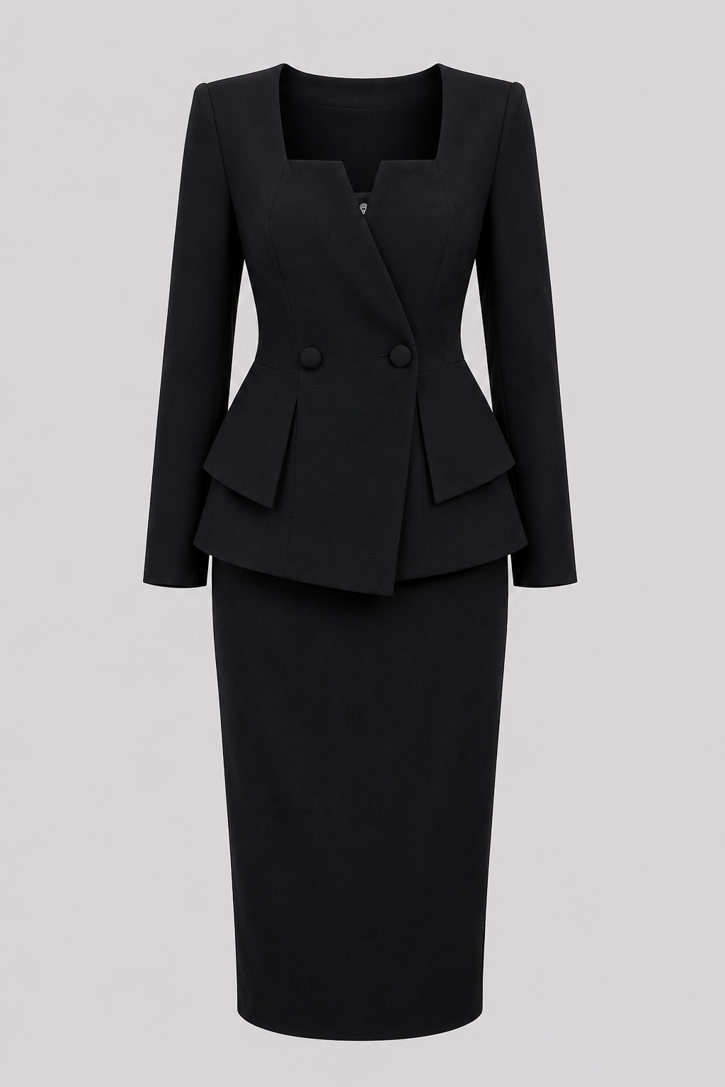 Women's elegant jacket & skirt two-piece set, square neckline, perfect for office, formal or special events.