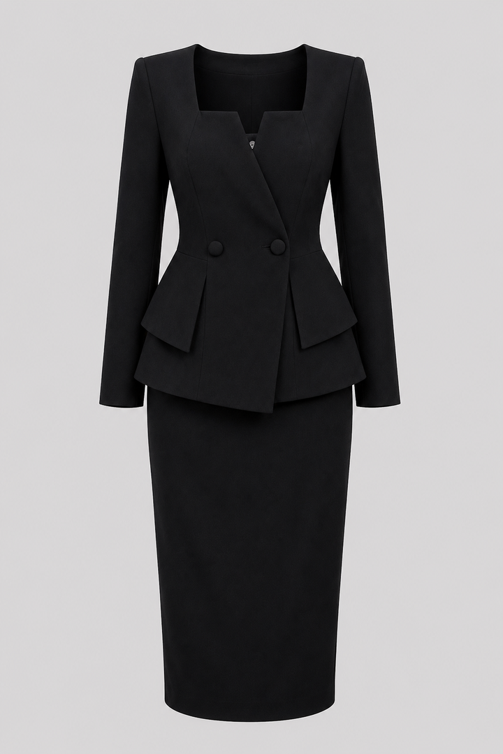 Women's elegant jacket & skirt two-piece set, square neckline, perfect for office, formal or special events.