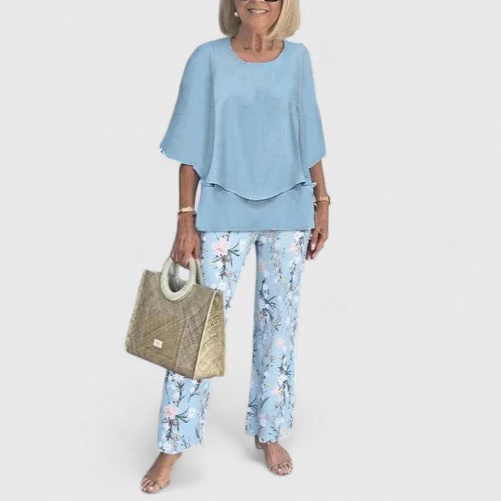 Dressy women's elegant outfit set, a fashionable two-piece for special occasions.