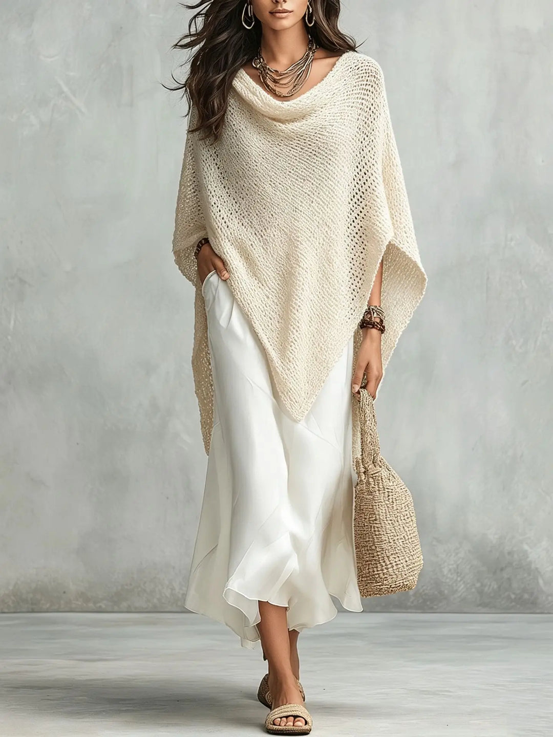 Chic women's sleeveless maxi dress, part of an elegant two-piece set with a matching poncho. Ideal for versatile fashion.