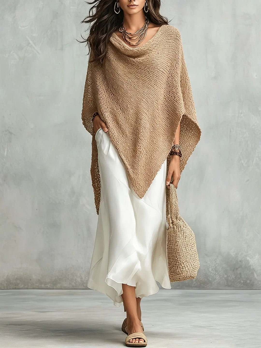 Versatile women's two-piece poncho maxi dress set. Elegant & casual style, perfect for spring, summer, or fall events.