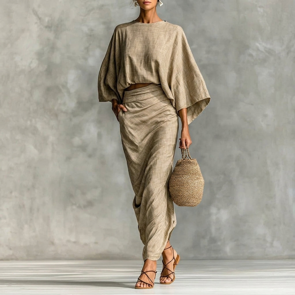 Elegant women's two-piece skirt set. Perfect for versatile day-to-night wear. Modern feminine style for summer.