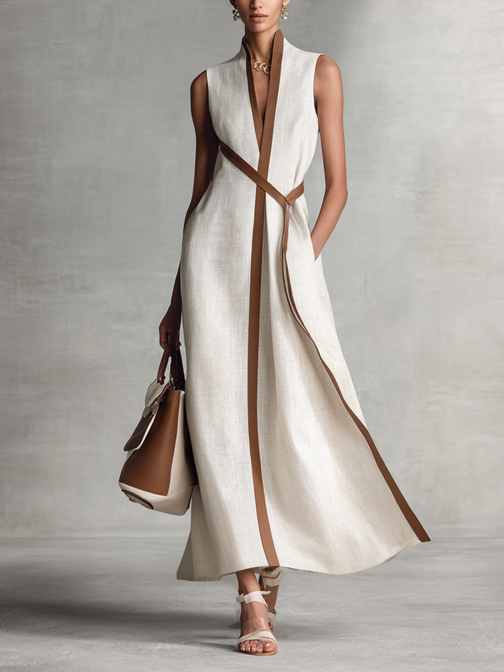 Elegant women's V-neck A-line maxi dress with stylish contrast trim, perfect for summer parties or wedding guests.