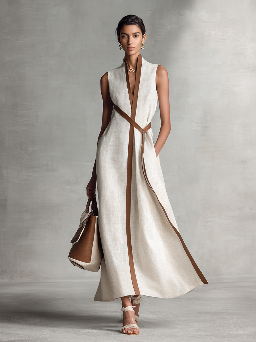 Sleeveless V-neck A-line maxi dress for women, featuring chic contrast trim. Ideal for cocktail or vacation.