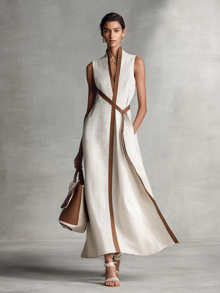 Sleeveless V-neck A-line maxi dress for women, featuring chic contrast trim. Ideal for cocktail or vacation.