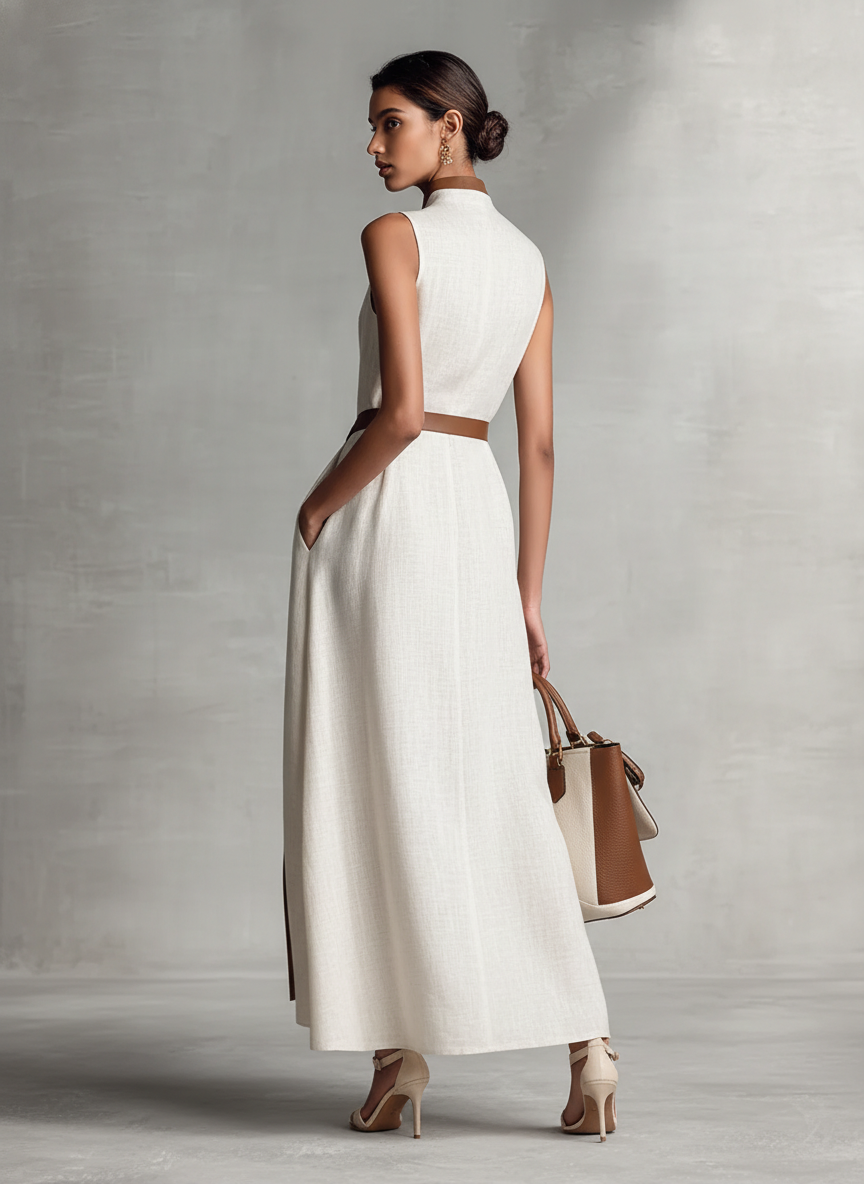 Fashionable women's V-neck A-line maxi dress with contrast trim; versatile for parties, cocktails, or vacations.