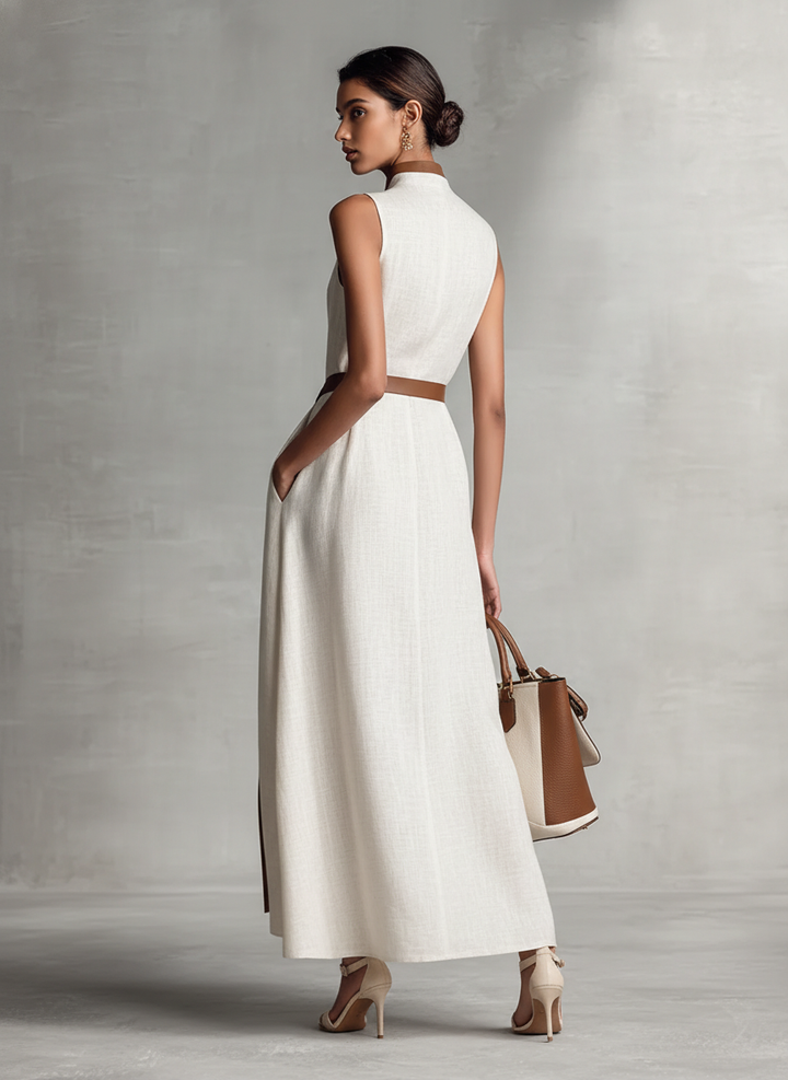 Fashionable women's V-neck A-line maxi dress with contrast trim; versatile for parties, cocktails, or vacations.