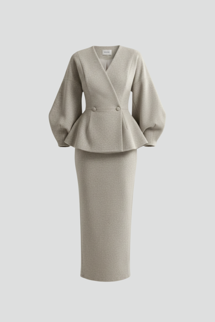 Elegant women's V-neck blazer skirt suit. Professional two-piece set for office wear, business attire & formal events.