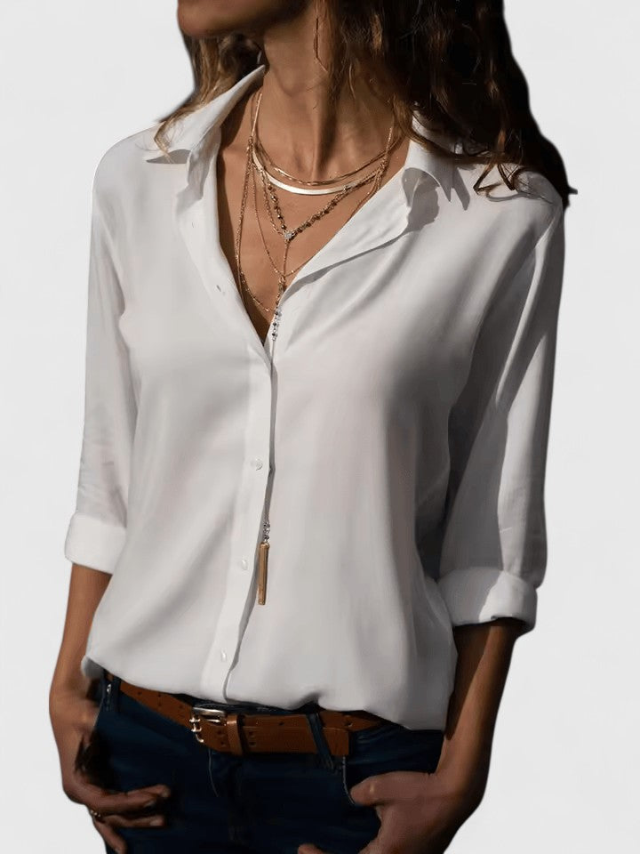 Fashionable V-neck blouse for women, a comfortable and chic long sleeve top for versatile styling.