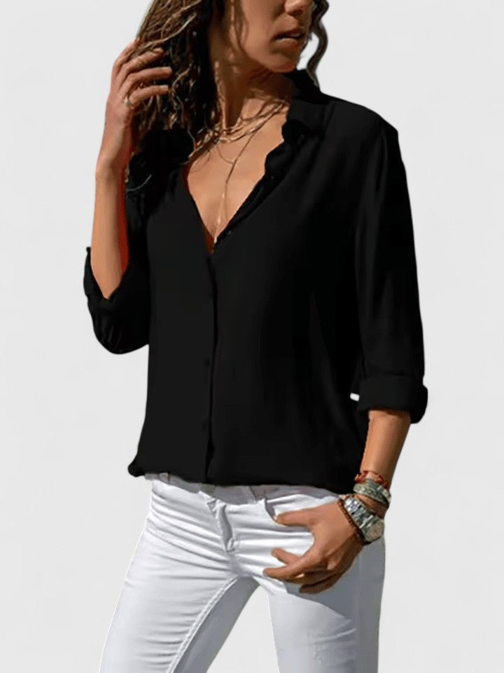 Sophisticated women's V-neck long sleeve blouse, an elegant top for fashion-forward apparel.