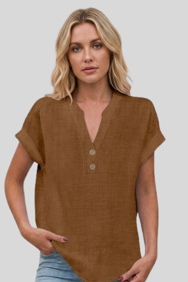 Elegant women's V-neck button blouse, perfect for versatile everyday or office wear.