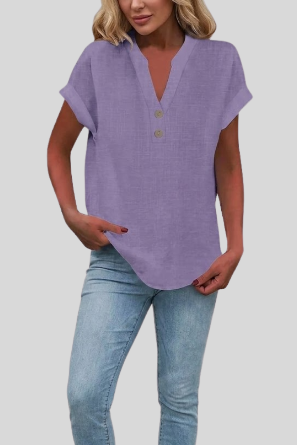 Elegant V-neck button-down blouse for women, short sleeve top for versatile styling.