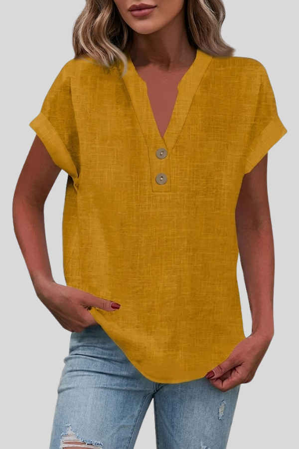 Versatile V-neck women's top, elegant button-down short sleeve blouse for spring fashion.