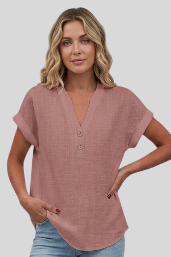 Short sleeve V-neck button blouse, a stylish women's top for office and casual wear.