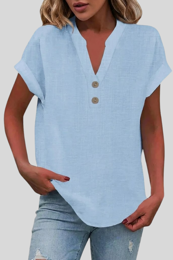 Elegant women's button blouse, V-neck short sleeve top for versatile summer & spring fashion.