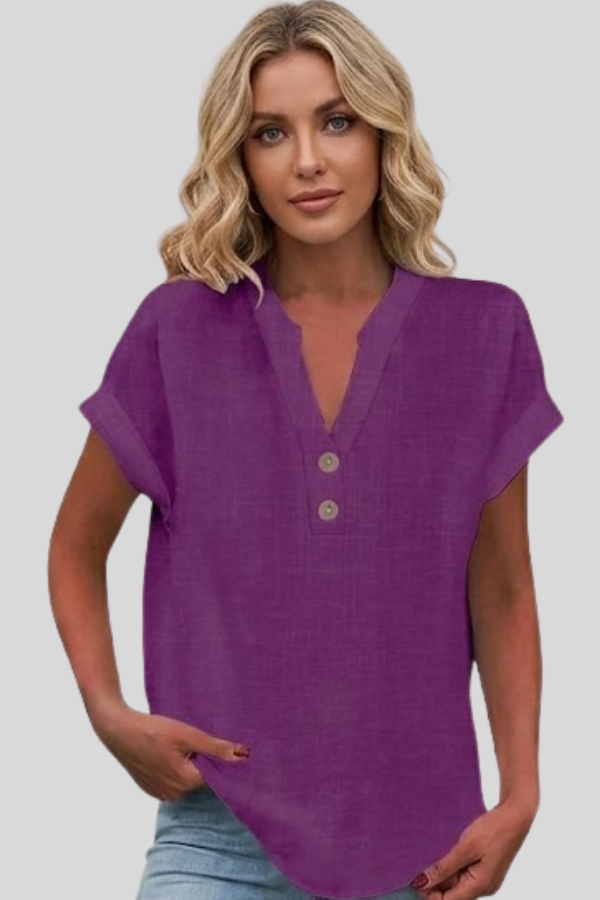 Chic women's V-neck short sleeve blouse, button-down style for elegant everyday or work outfits.