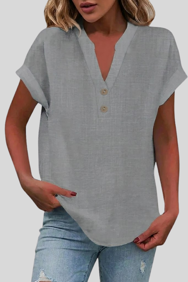 Chic short sleeve V-neck top for women, button-down design, ideal for spring & summer.