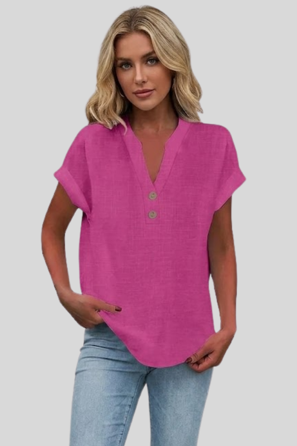 Women's versatile V-neck blouse with buttons, great for casual or professional style.