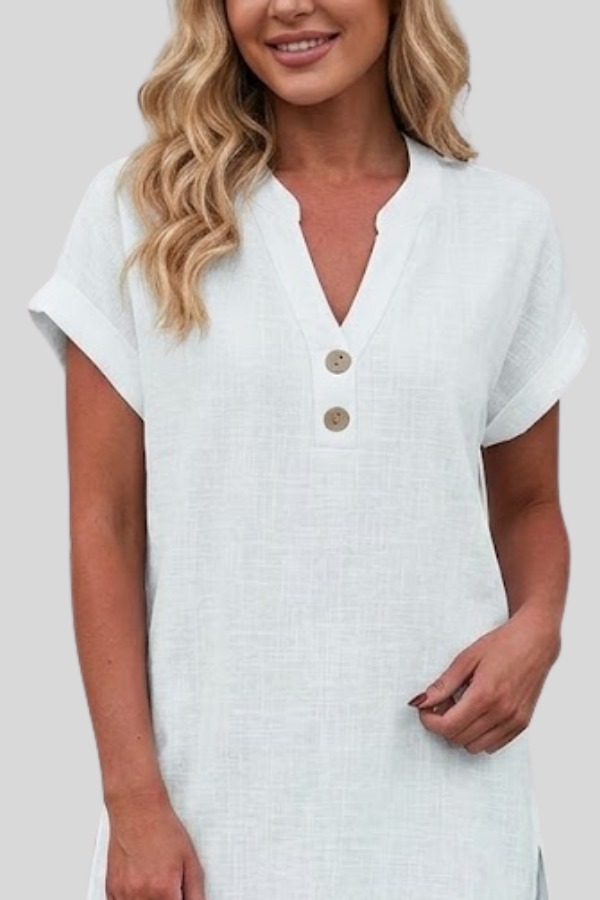 Stylish short sleeve button-down V-neck top, suitable for both office and casual outings.