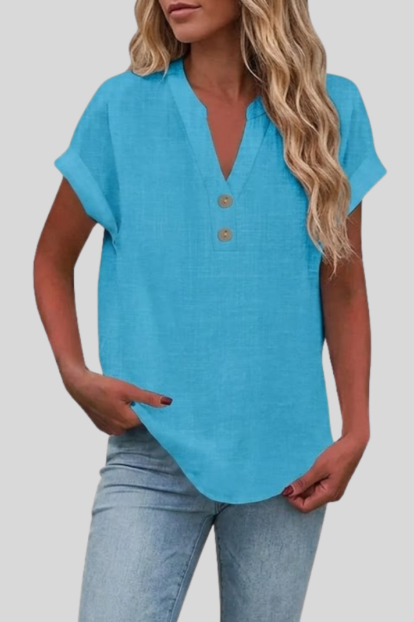 Elegant women's V-neck button blouse, a versatile short sleeve top for all occasions.