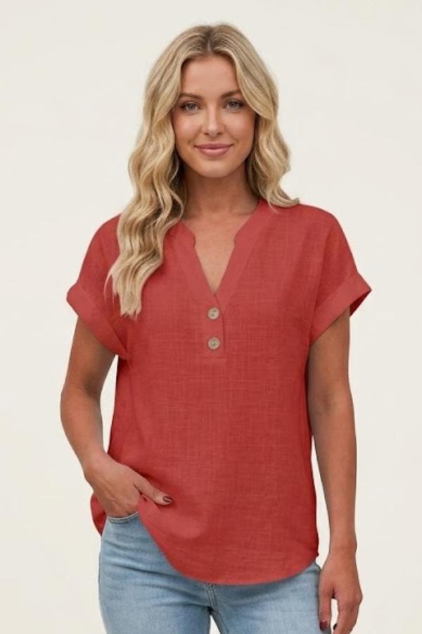 Casual yet chic women's V-neck button blouse, comfortable short sleeve design for everyday.