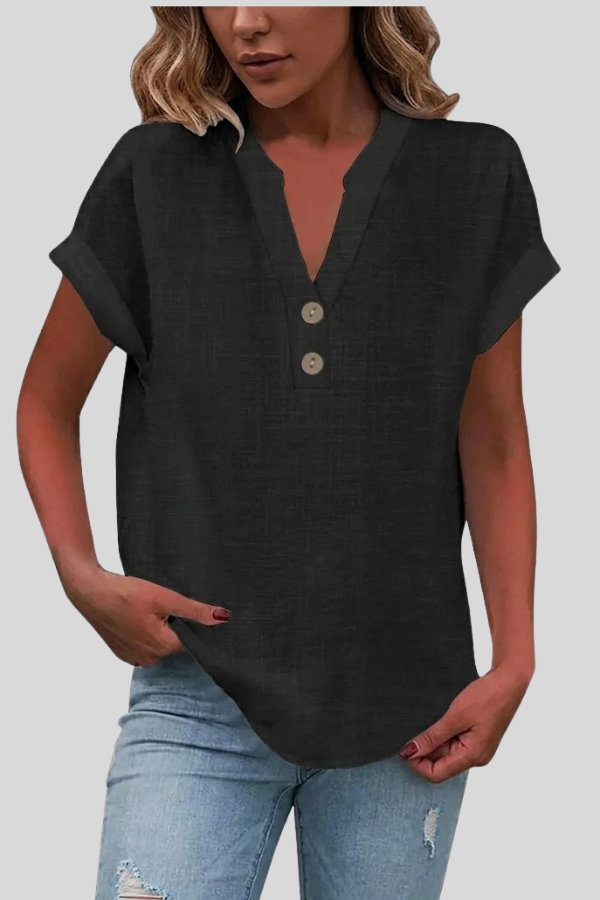 Professional women's V-neck top, elegant button-down short sleeve blouse for office wear.
