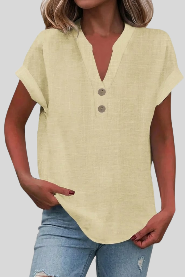Women's summer V-neck blouse, light short sleeve button top, perfect for warm weather.