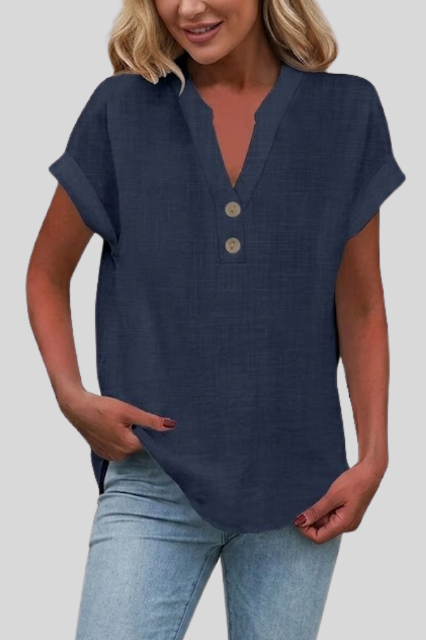 Fashionable V-neck button blouse, women's short sleeve top for versatile everyday style.