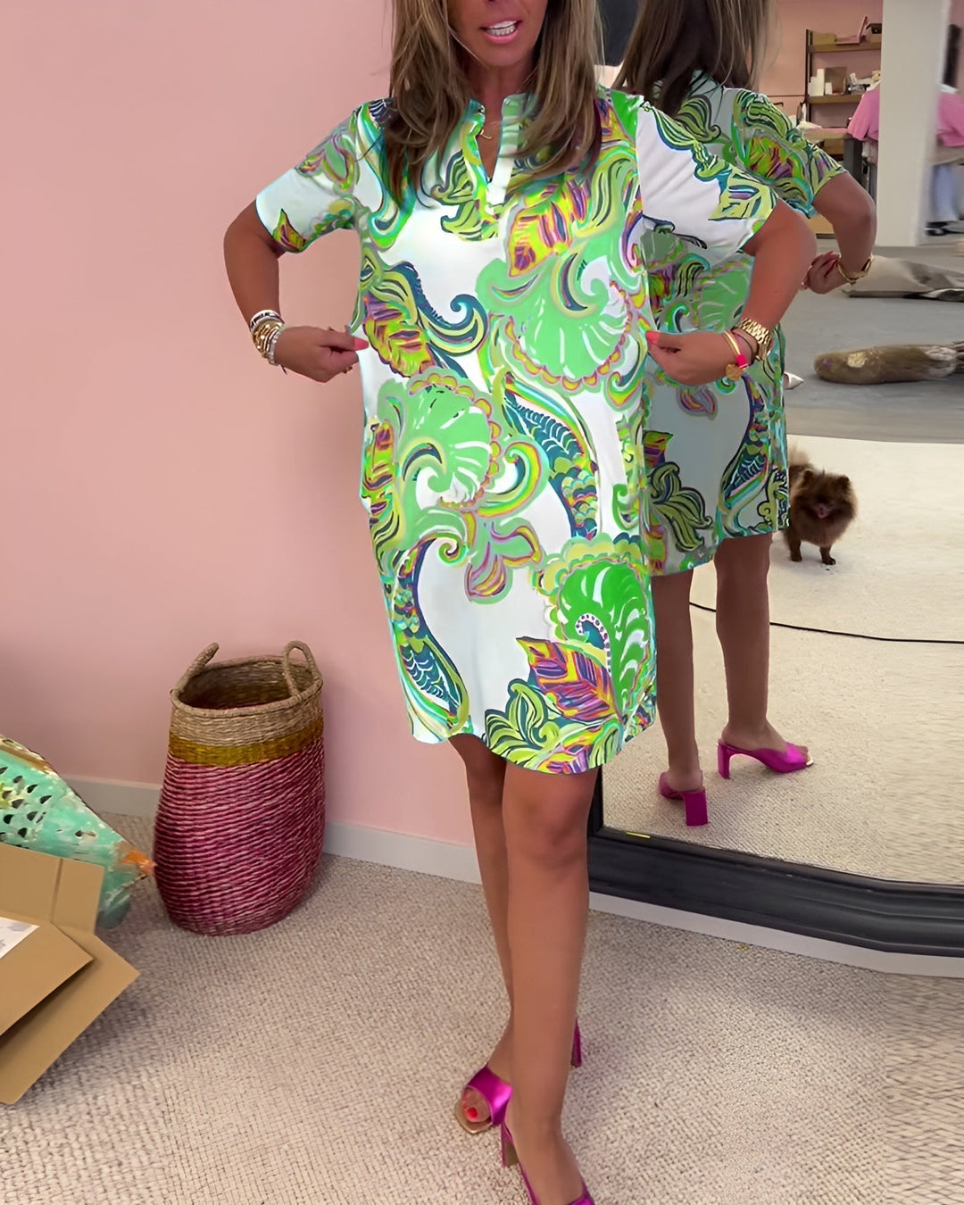 Comfortable & chic V-neck draped printed midi dress for women. Versatile elegant design.