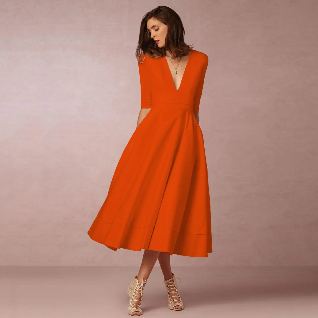 Sophisticated black V-neck elbow-sleeve midi dress, an elegant choice for women's formal fashion.