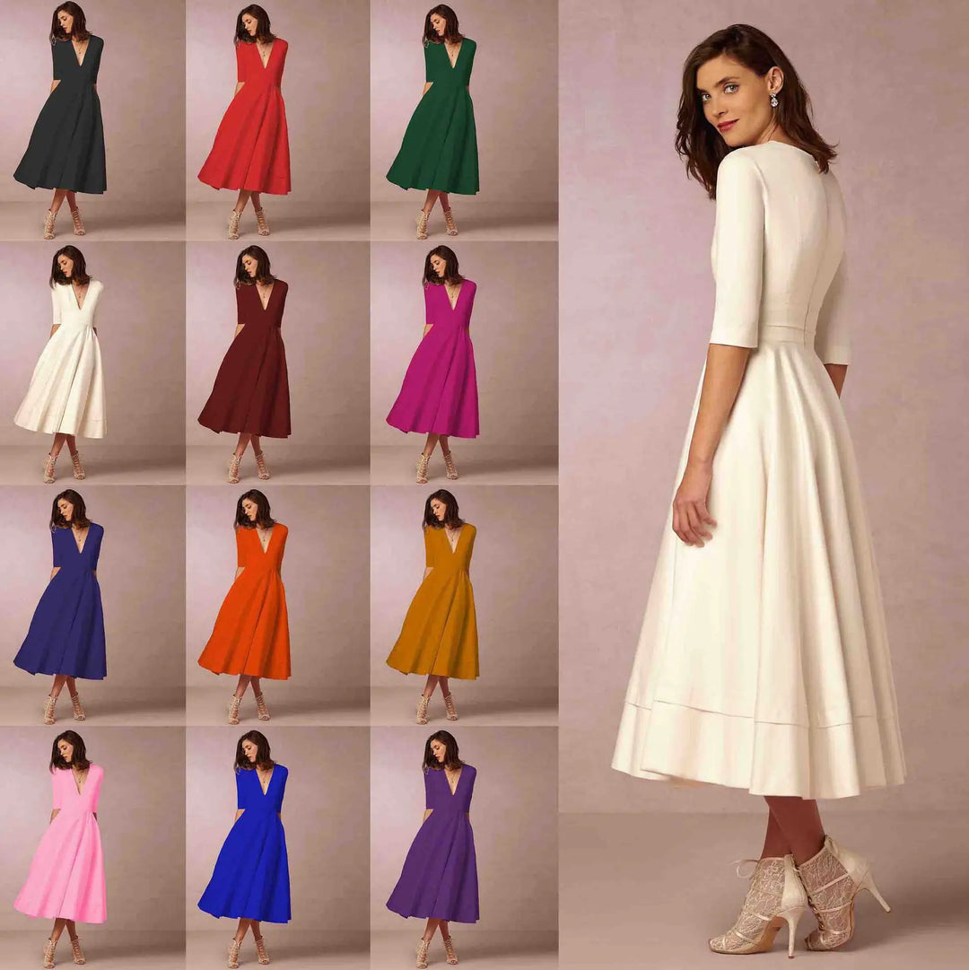 Versatile women's elegant V-neck elbow-sleeve midi dress, ideal for casual, formal, or day-to-night looks.