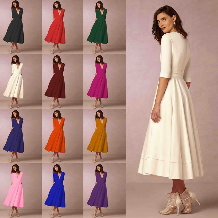 Versatile women's elegant V-neck elbow-sleeve midi dress, ideal for casual, formal, or day-to-night looks.