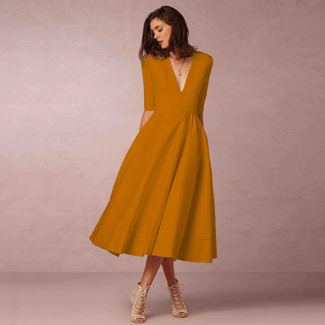 Black V-neck elbow-sleeve midi dress, an elegant and comfortable option for formal events or versatile wear.