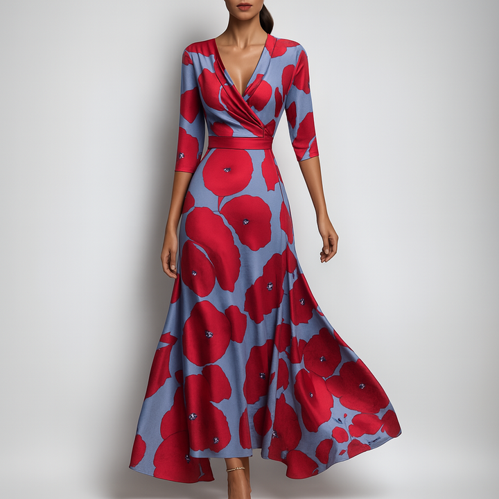Elegant women's V-neck empire waist maxi dress with pockets, perfect for summer casual or party wear.