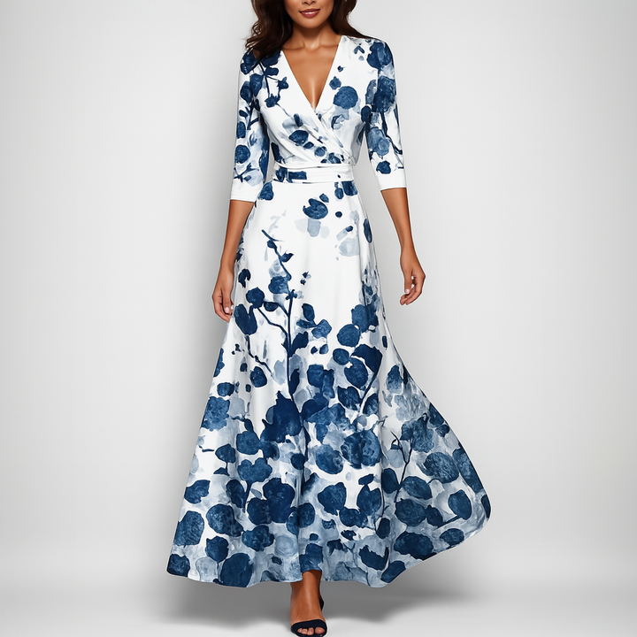 Comfortable women's long V-neck maxi dress with empire waist & convenient pockets, ideal for vacation or daily wear.