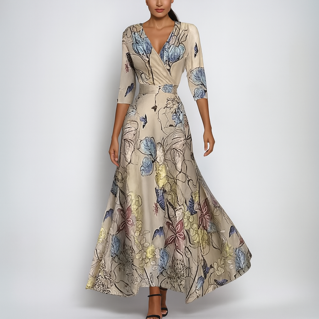 Feminine V-neck empire waist maxi dress for women, featuring a flattering long silhouette and practical pockets.