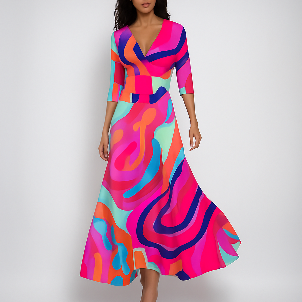 Stylish women's V-neck maxi dress with empire waist and pockets, suitable for elegant parties or relaxed summer days.
