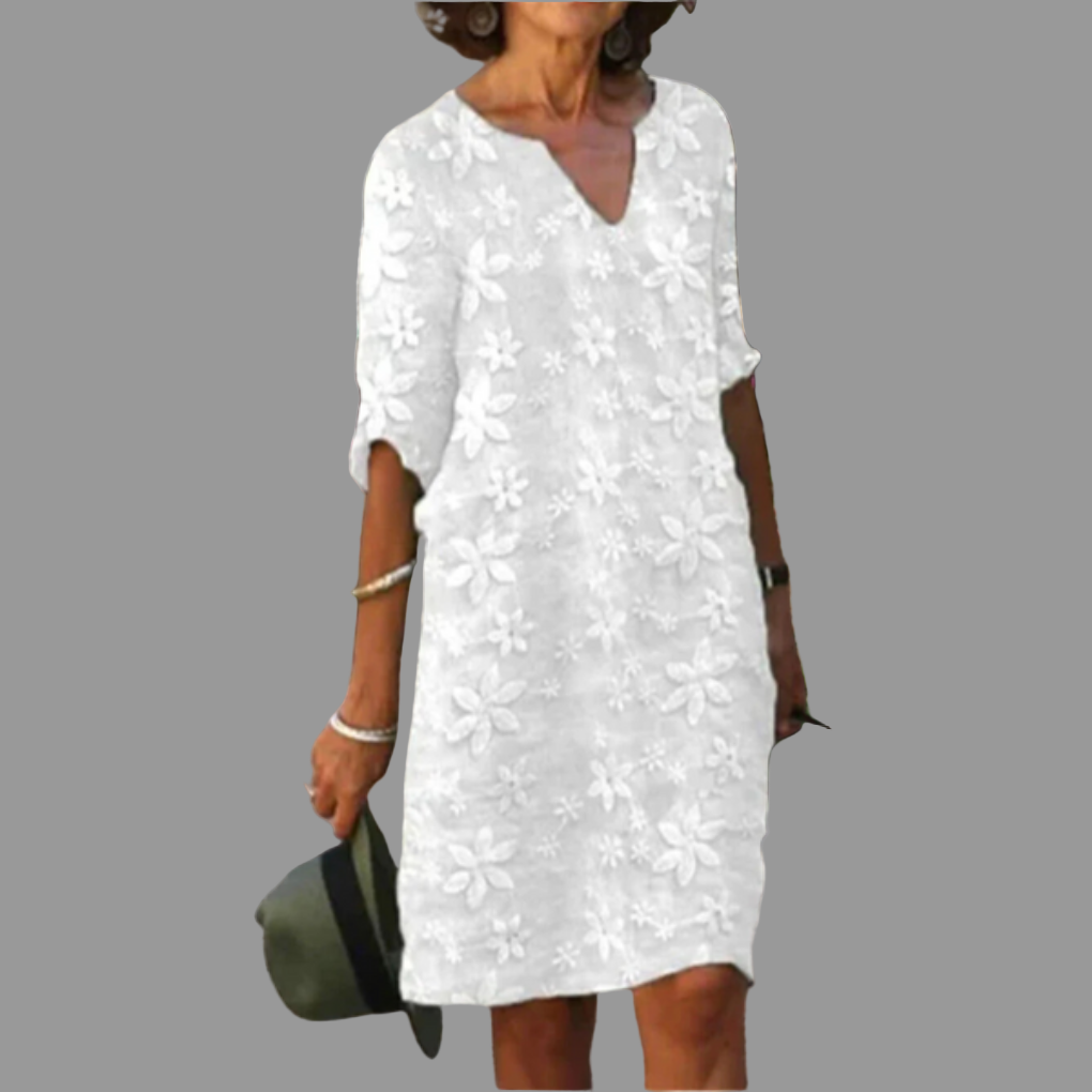Elegant women's V-neck floral print midi dress, perfect for spring and summer casual or day-to-night wear.