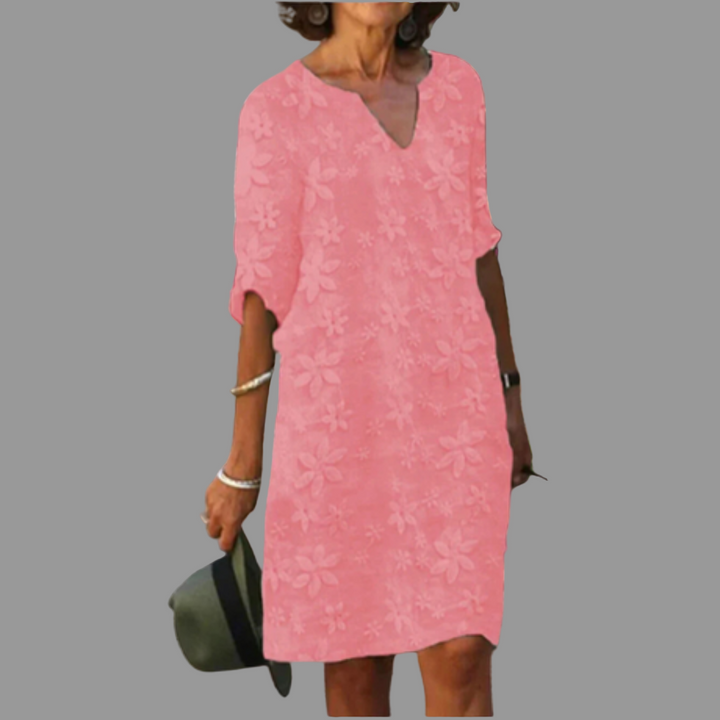 Stylish women's V-neck floral print midi dress, a comfortable and elegant choice for any summer occasion.