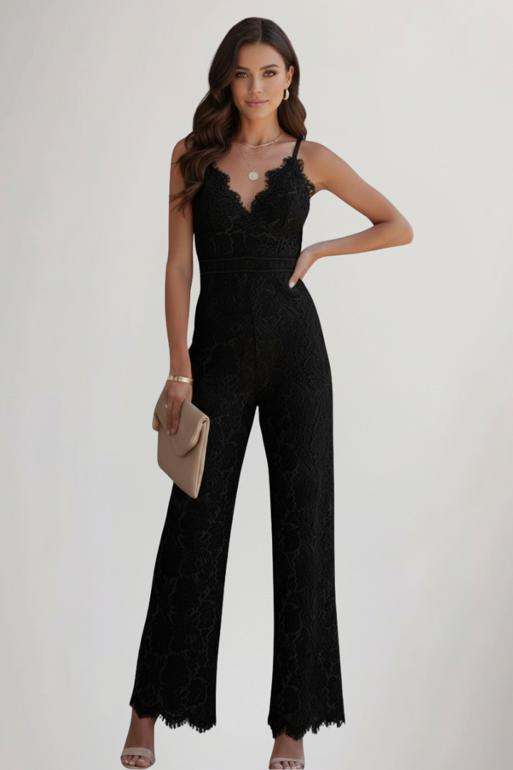 Sophisticated women's V-neck jumpsuit, sleeveless and straight-legged, excellent for formal or party attire.