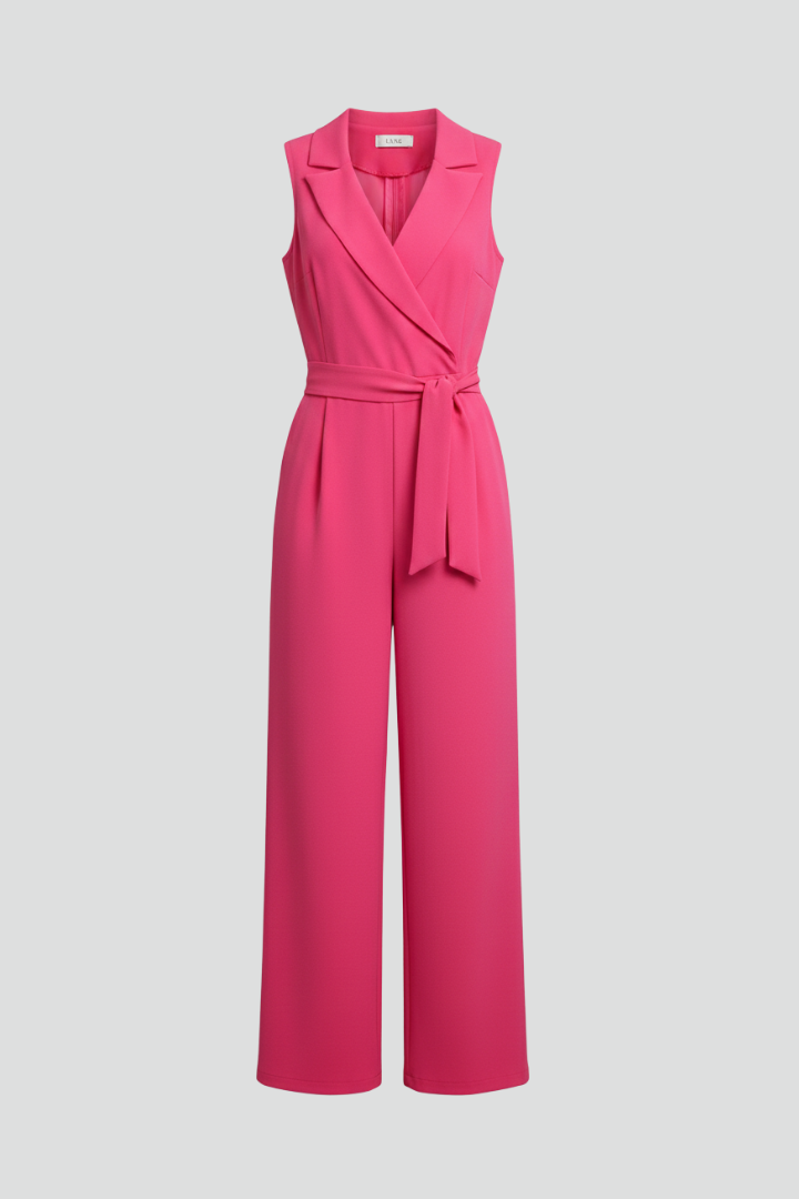 Elegant women's V-neck jumpsuit with tie waist, wide leg, and sleeveless design for effortless style.