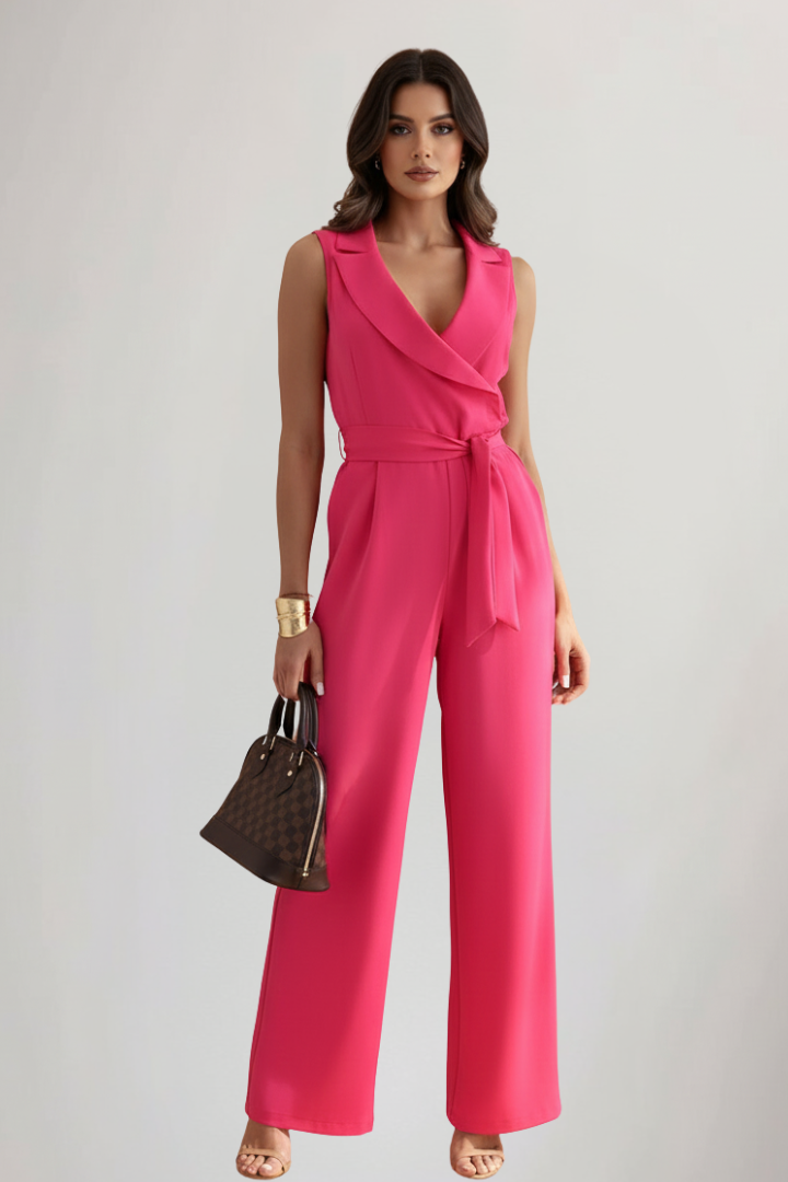 Chic women's occasion wear jumpsuit featuring a V-neck, tie waist, and wide leg for elegant fashion.
