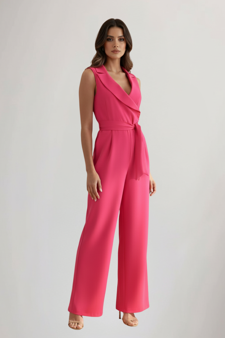 Comfortable sleeveless V-neck jumpsuit for women with an adjustable tie waist and stylish wide legs.
